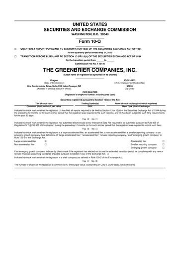 Thumbnail The Greenbrier Companies
 10-Q Quarterly Report FY2020 
