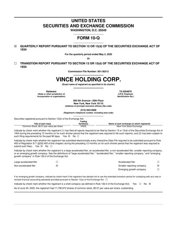 Thumbnail Vince Holding 10-Q Quarterly Report FY2020 