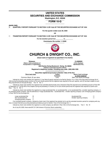 Thumbnail Church & Dwight
 10-Q Quarterly Report FY2020 