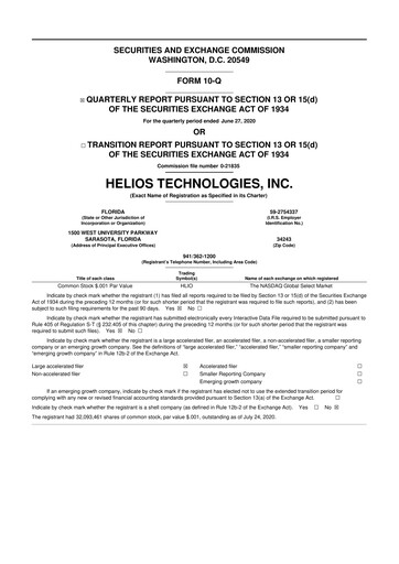 Thumbnail Helios Technologies 10-Q Quarterly Report FY2020 