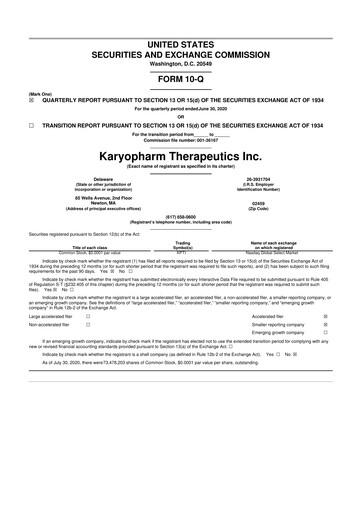 Thumbnail Karyopharm Therapeutics
 10-Q Quarterly Report FY 