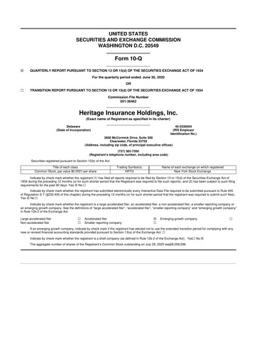 Miniature Heritage Insurance 10-Q Rapport trimestriel 2020 