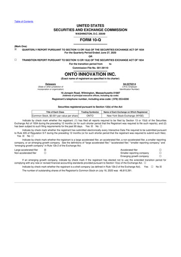 Thumbnail Onto Innovation 10-Q Quarterly Report FY2020 