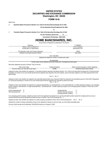 Thumbnail Home BancShares
 10-Q Quarterly Report FY2020 
