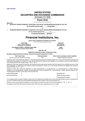 Thumbnail Financial Institutions 10-Q Quarterly Report FY2020 