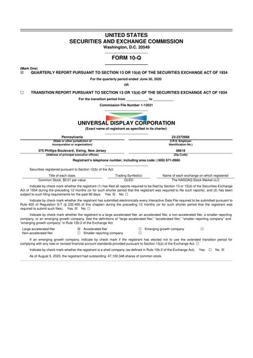 Miniature Universal Display Corporation
 10-Q Rapport trimestriel 2020 