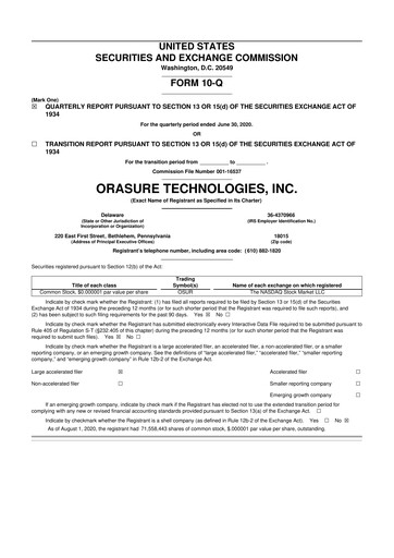 Thumbnail OraSure Technologies 10-Q Quarterly Report FY 