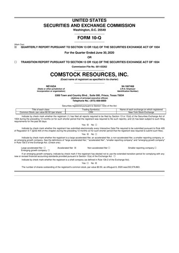 Thumbnail Comstock Resources 10-Q Quarterly Report FY2020 