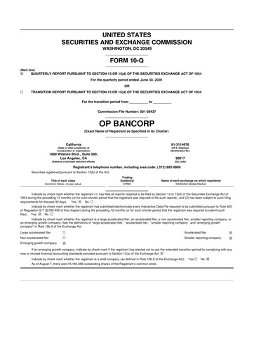 Miniature OP Bancorp (Open Bank) 10-Q Rapport trimestriel 2020 