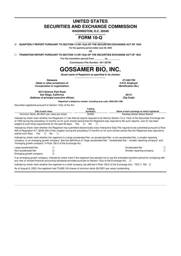 Thumbnail Gossamer Bio 10-Q Quarterly Report FY2020 
