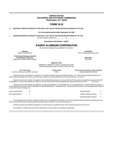 Thumbnail Kaiser Aluminum
 10-Q Quarterly Report FY2020 