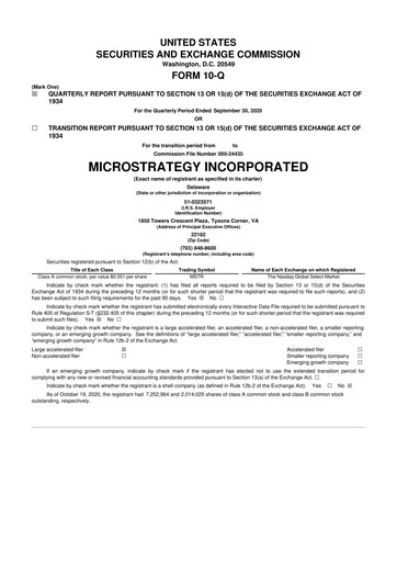 Miniature Strategy 
 (MicroStrategy) 10-Q Rapport trimestriel  
