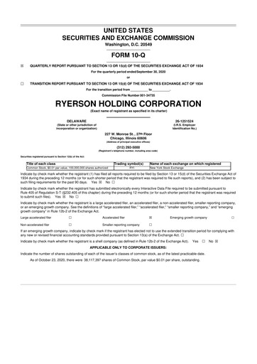 Miniature Ryerson 10-Q Rapport trimestriel 2020 