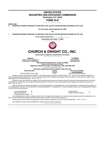 Thumbnail Church & Dwight
 10-Q Quarterly Report FY2020 