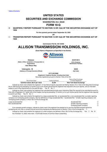 Vorschaubild Allison Transmission
 10-Q Quartalsbericht 2020 