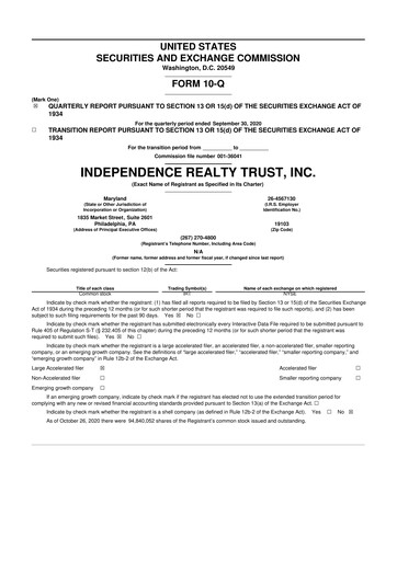 Thumbnail Independence Realty Trust
 10-Q Quarterly Report FY 
