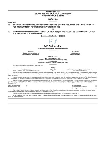 Miniature PJT Partners
 10-Q Rapport trimestriel 2020 