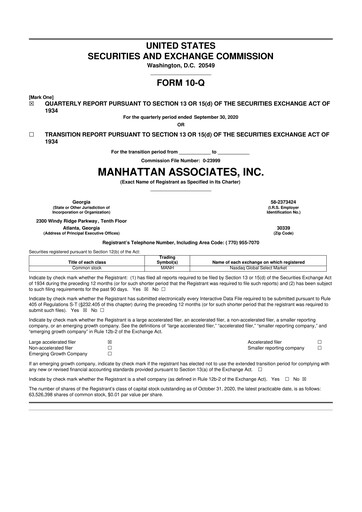 Thumbnail Manhattan Associates
 10-Q Quarterly Report FY2020 