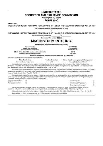 Thumbnail MKS Instruments 10-Q Quarterly Report FY2020 