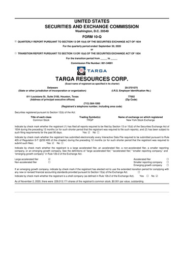 Thumbnail Targa Resources
 10-Q Quarterly Report FY2020 
