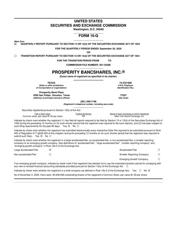 Thumbnail Prosperity Bancshares
 10-Q Quarterly Report FY2020 