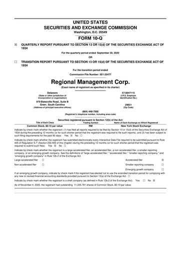 Thumbnail Regional Management Corp.
 10-Q Quarterly Report FY 