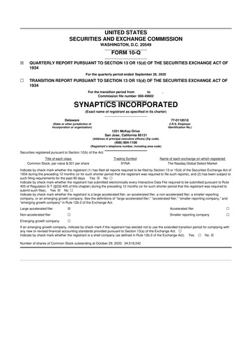 Thumbnail Synaptics 10-Q Quarterly Report FY 