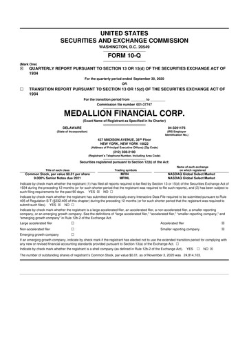 Thumbnail Medallion Financial Corp. 10-Q Quarterly Report FY2020 