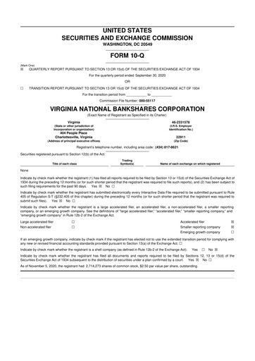 Vorschaubild Virginia National Bankshares 10-Q Quartalsbericht 2020 