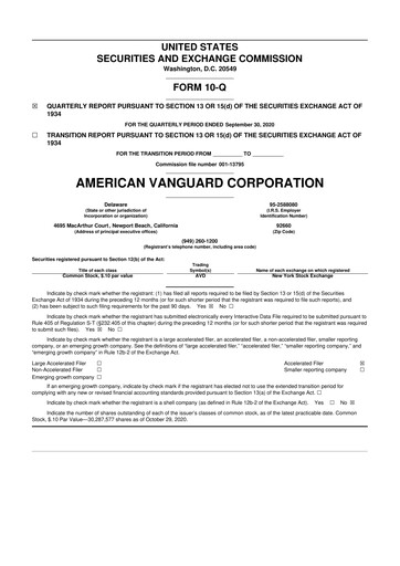 Miniature American Vanguard 10-Q Rapport trimestriel 2020 