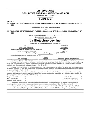 Miniature Vir Biotechnology
 10-Q Rapport trimestriel 2020 