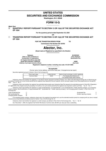 Thumbnail Alector
 10-Q Quarterly Report FY2020 