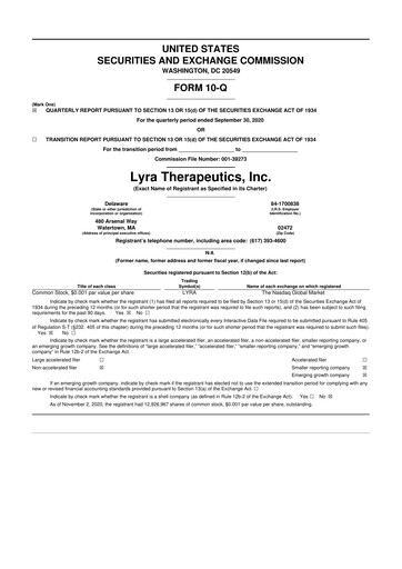 Miniature Lyra Therapeutics 10-Q Rapport trimestriel 2020 