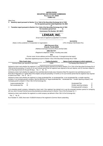 Miniature LENSAR 10-Q Rapport trimestriel 2020 