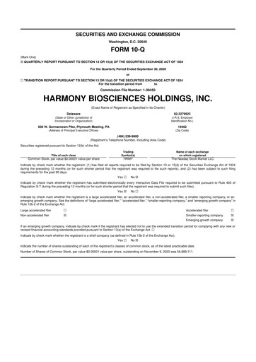 Thumbnail Harmony Biosciences 10-Q Quarterly Report FY2020 