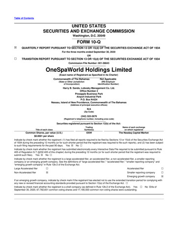 Thumbnail OneSpaWorld 10-Q Quarterly Report FY2020 