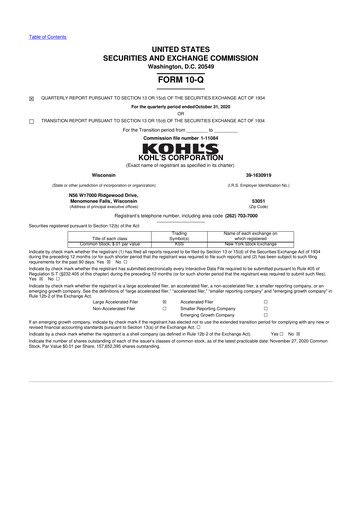 Thumbnail Kohl's
 10-Q Quarterly Report FY2020 