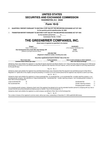 Thumbnail The Greenbrier Companies
 10-Q Quarterly Report FY 