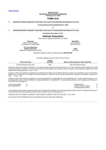 Thumbnail Oshkosh Corporation
 10-Q Quarterly Report FY 
