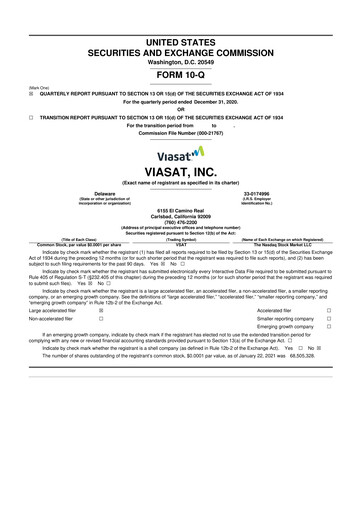 Miniature ViaSat 10-Q Rapport trimestriel  