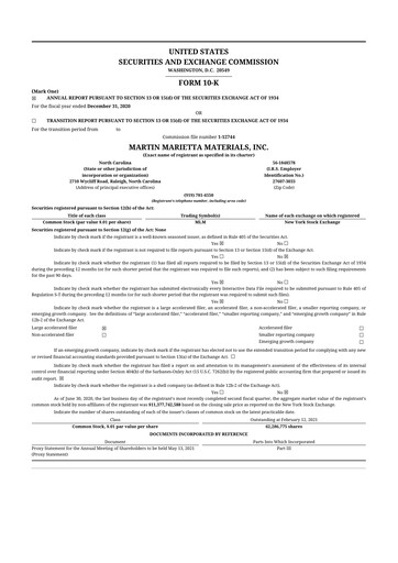 Thumbnail Martin Marietta Materials 10-K Annual Report 2020