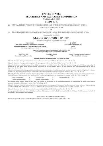 Thumbnail ManpowerGroup 10-K Annual Report 2020