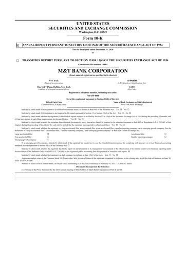 Thumbnail M&T Bank 10-K Annual Report 2020