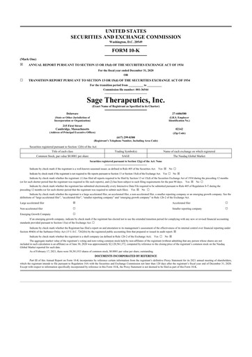 Thumbnail Sage Therapeutics
 10-K Annual Report 2020