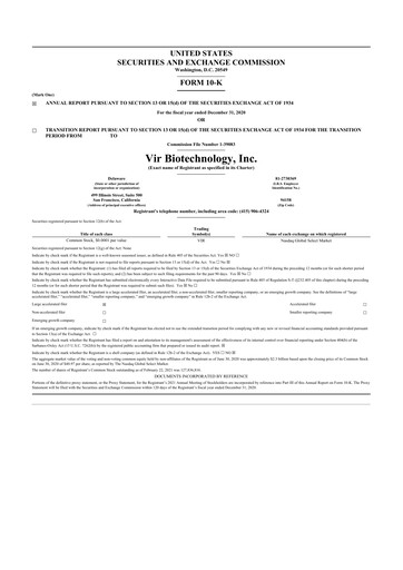 Miniature Vir Biotechnology
 10-K Rapport annuel 2020