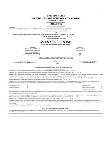 Thumbnail Aspen Aerogels 10-K Annual Report 2020