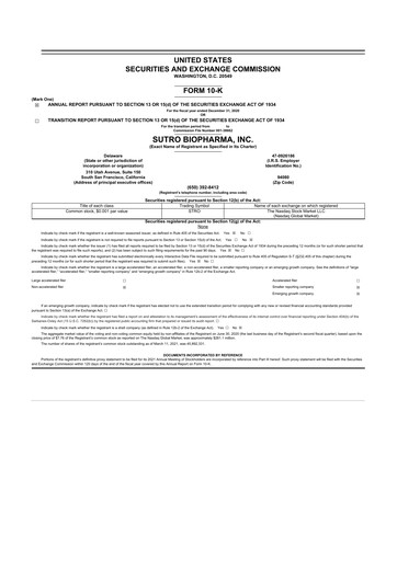Thumbnail Sutro Biopharma 10-K Annual Report 2020