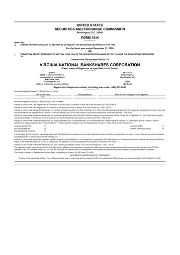 Thumbnail Virginia National Bankshares 10-K Annual Report 