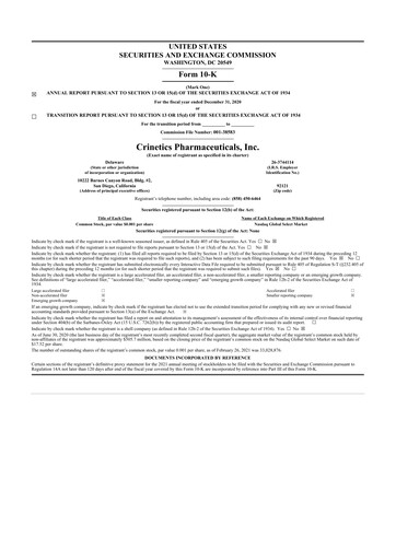 Thumbnail Crinetics Pharmaceuticals 10-K Annual Report 2020