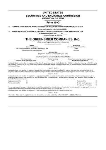 Thumbnail The Greenbrier Companies
 10-Q Quarterly Report FY2021 